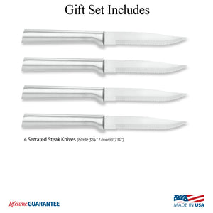 Illustration of knives in Four Serrated Steak Knives Gift Set-Made in USA & Lifetime Guarantee logos