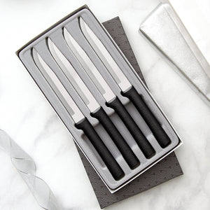 Rada Cutlery Four Utility/Steak Knives Gift Set with black handles in a gray-lined gift box