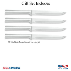 Illustration of knives in Four Utility/Steak Knives Gift Set-Made in USA & Lifetime Guarantee logos