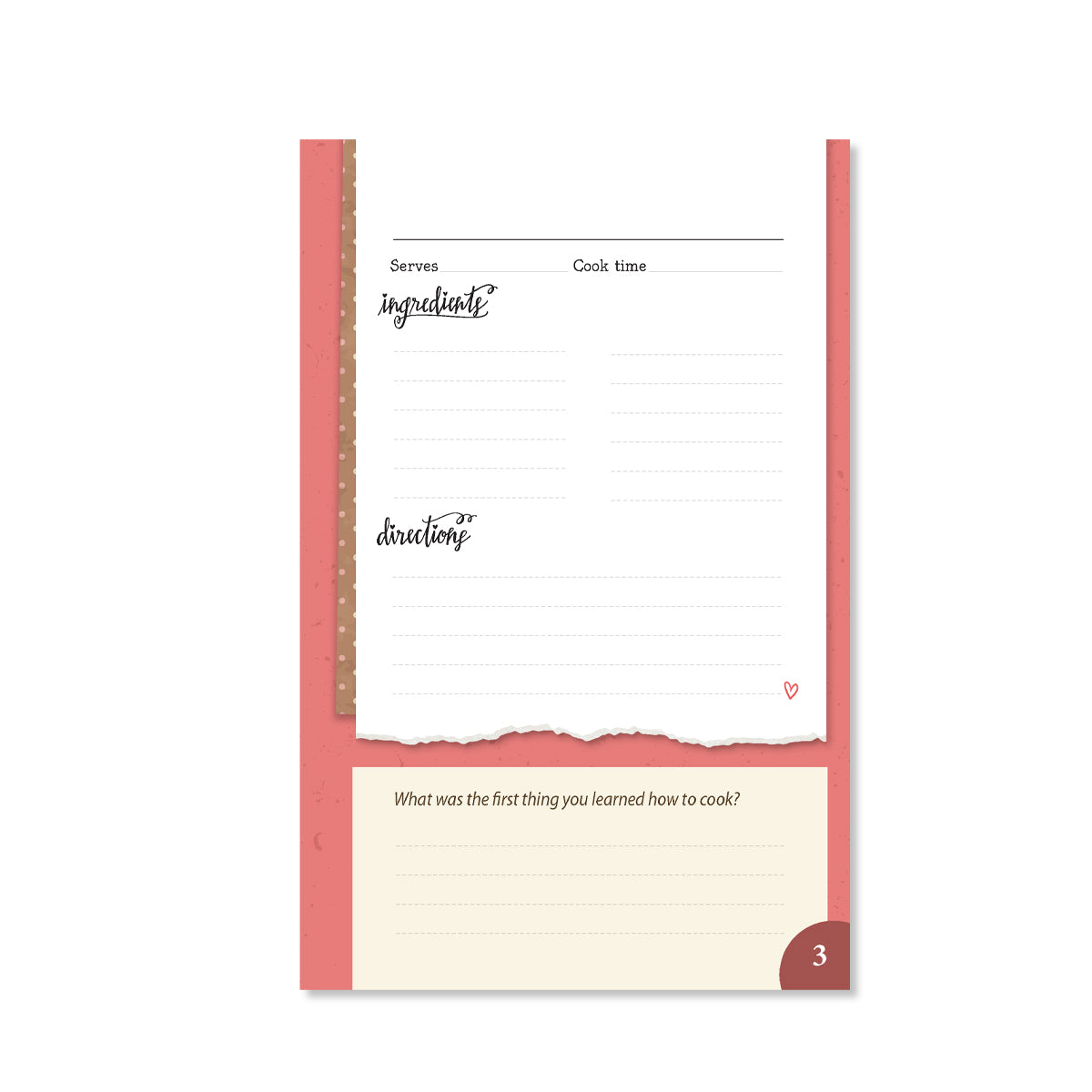 Sample page with a space to write in a recipe. Includes a question at the bottom with room to write an answer. 