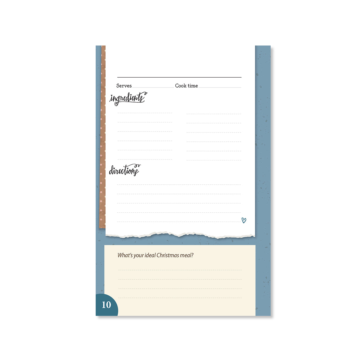 Sample page with a space to write in a recipe. Includes a question at the bottom with room to write an answer. 