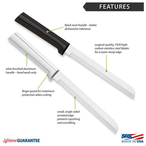 Features diagram for 6" Bread knife with Made in USA and Lifetime Guarantee logos. 