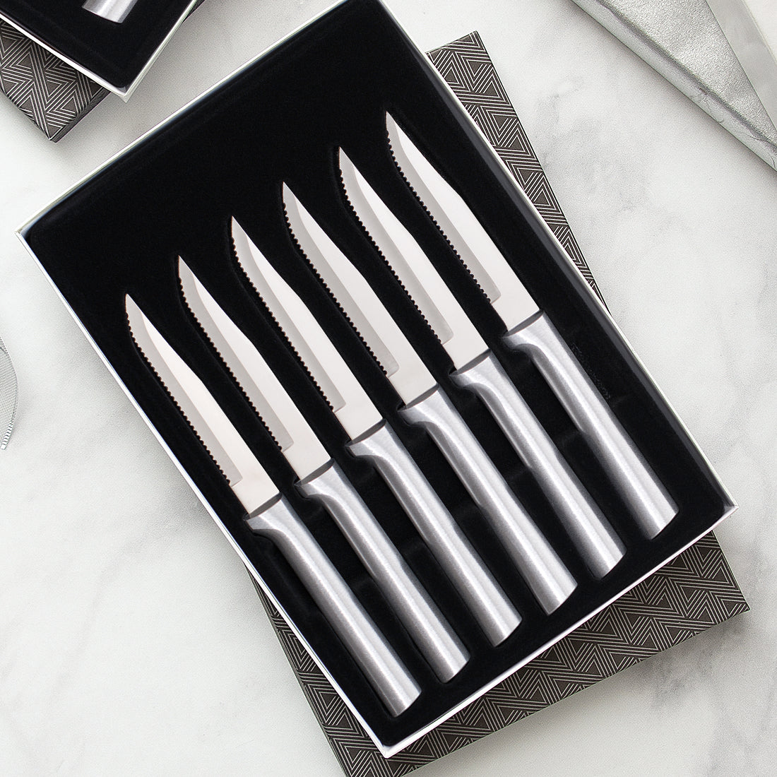 Rada Cutlery Six Serrated Steak Knives Gift Set with silver handles in a gift box