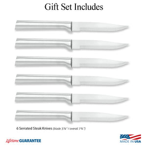 Illustration: knives in Six Serrated Steak Knives Gift Set & Made in USA & Lifetime Guarantee logos