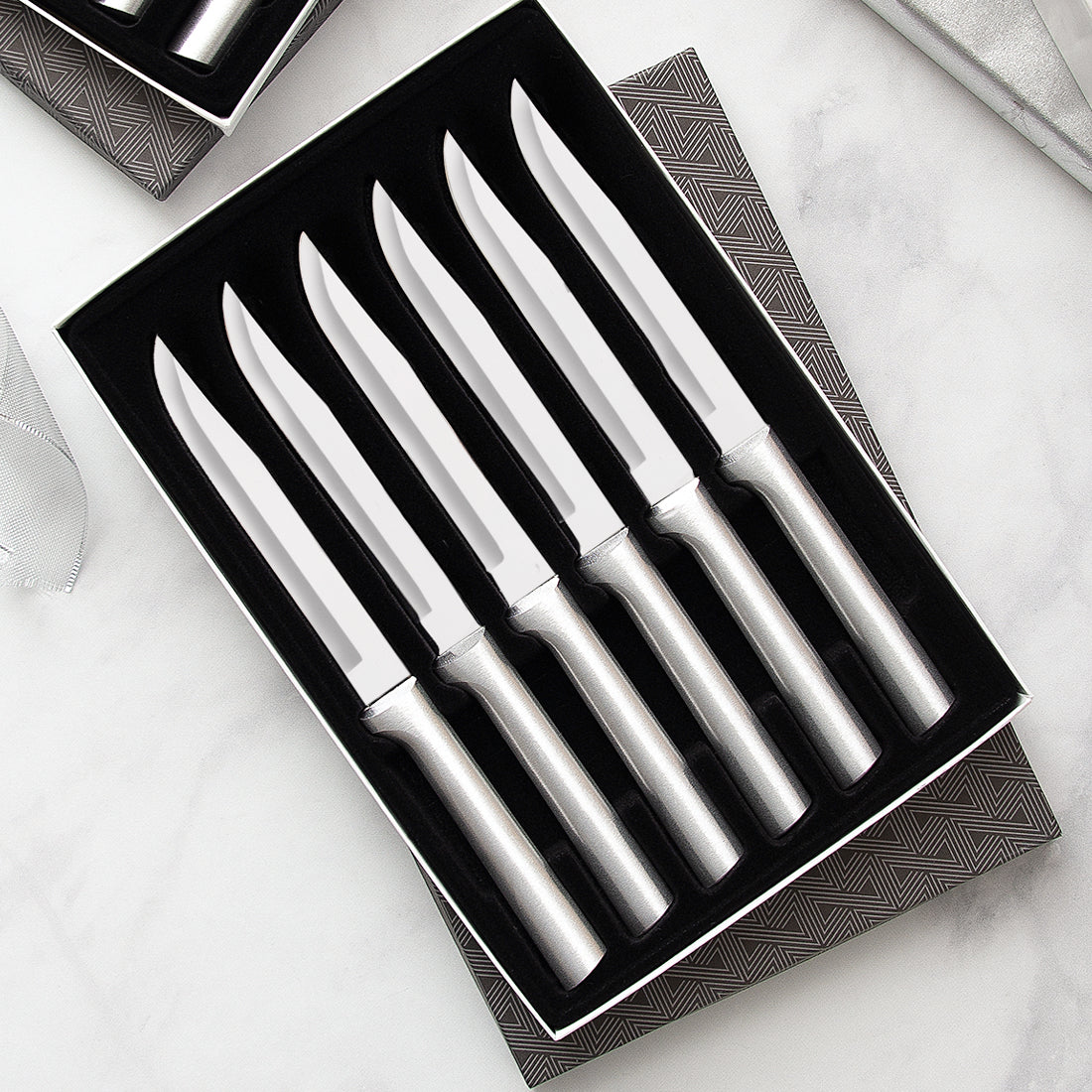 Rada Cutlery Six Utility/Steak Knives Gift Set with silver handles in black-lined gift box. 