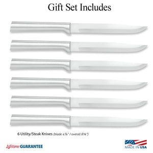 Illustration: knives in Six Utility/Steak Knives Gift Set and Made in USA & Lifetime Guarantee logos