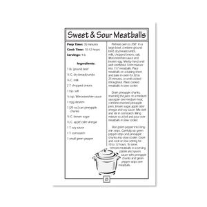 Page 23 showing a recipe for Sweet & Sour Meatballs including prep time, cook time, ingredients, and instructions. Serves 4-6