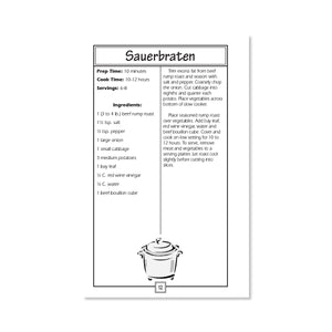 Page 12 of a cookbook with a recipe for Sauerbraten showing prep time, cook time, ingredients, and instructions. Serves 6-8.