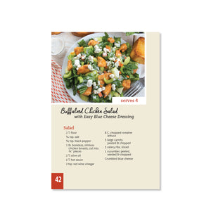 Page 42 has a recipe for Buffalo Chicken Salad with Easy Blue Cheese Dressing. Serves 4. Page includes ingredients.