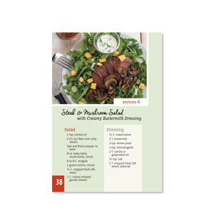 Page 38 has a recipe for Steak and Mushroom Salad with Creamy Buttermilk Dressing. Serves 4. Page includes ingredients.