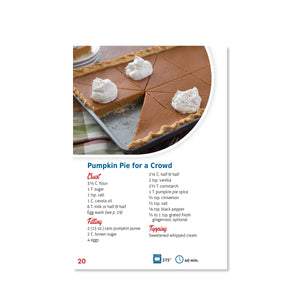 Page 20 has a recipe for Pumpkin Pie for a Crowd. Includes ingredients for crust, filling, and topping.