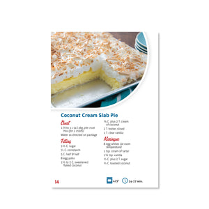 Page 14 has a recipe for Coconut Cream Slab Pie. Includes ingredients for crust, filling, and meringue. 