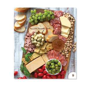 Page 9 shows a charcuterie board with marinated mozzarella pearls and assorted meats, cheeses, grains, and produce. 