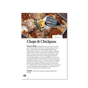 Page 40 shows a recipe for Chops & Chickpeas. Includes prep & bake and finishing instructions. Serves 4.