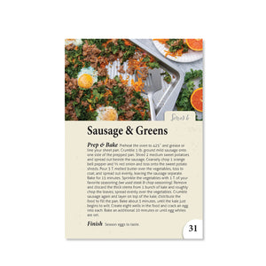 Page 31 shows a recipe for Sausage & Greens. Includes prep & bake and finishing instructions. Serves 4.