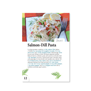 Page 12 shows a recipe for Salmon-Dill Pasta. Includes ingredients and directions. Serves 4.