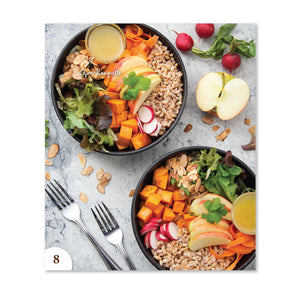 page 8, vinaigrette cilantro, carrot peels, fruit and veggies, protein