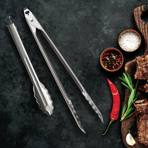 Both 9" and 12" size tongs on grey background with hot pepper, spices and meat on the side.