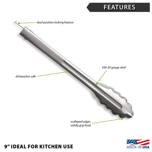 9" Tong features are dishwasher safe, made with 430-20 gauge steel, and scalloped edges.