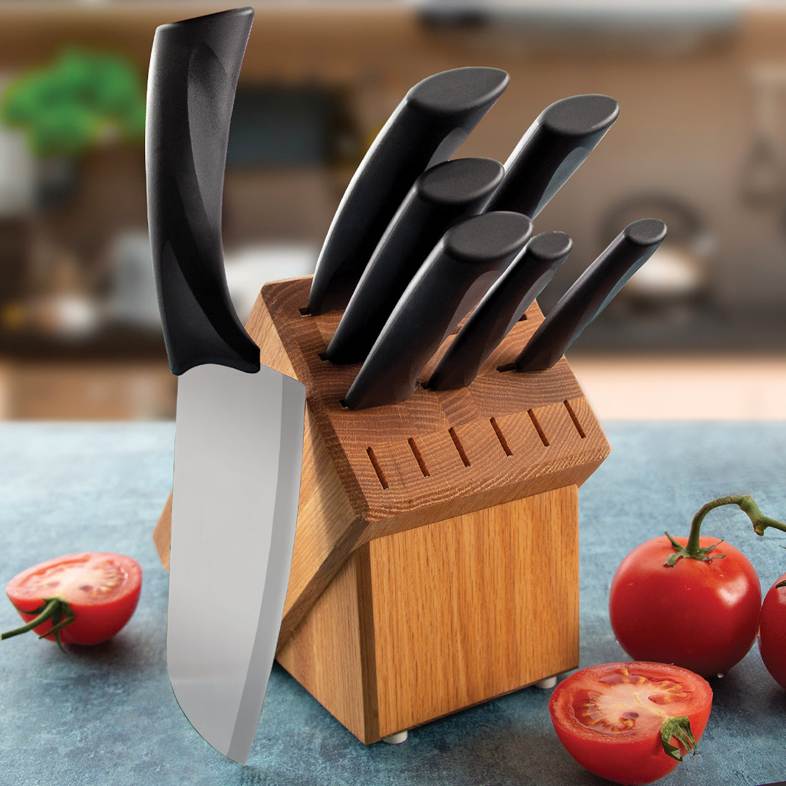 Rada Cutlery Anthem Oak Block Gift Set with black handles in wood block base. 
