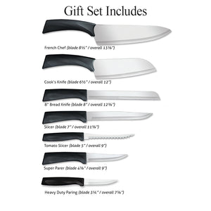 Rada Anthem Wave knives for Anthem Wave Oak Block gift set laid side by side for size comparison