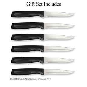 Illustration of knives in Anthem Serrated Steak Set; Made in USA and Lifetime Guarantee logos 