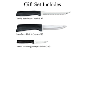 Illustration of knives in Anthem Slice & Pare Set and logos for Made in USA and Lifetime Guarantee