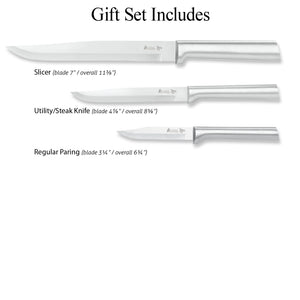 Gift Set Includes Slicer, Utility/Steak Knife, Regular Paring listing blade lengths of each.