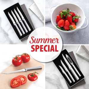 Rada Cutlery Summer Special comes with four serrated steak knives, tomato slicer, small colander and meal prep set.