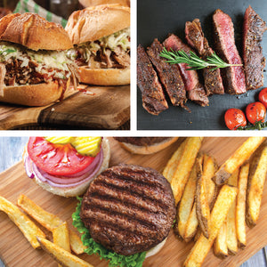 Composite of grilled meats including pulled pork sandwiches, Carne asada beef and a grilled hamburger with a side of fries. 