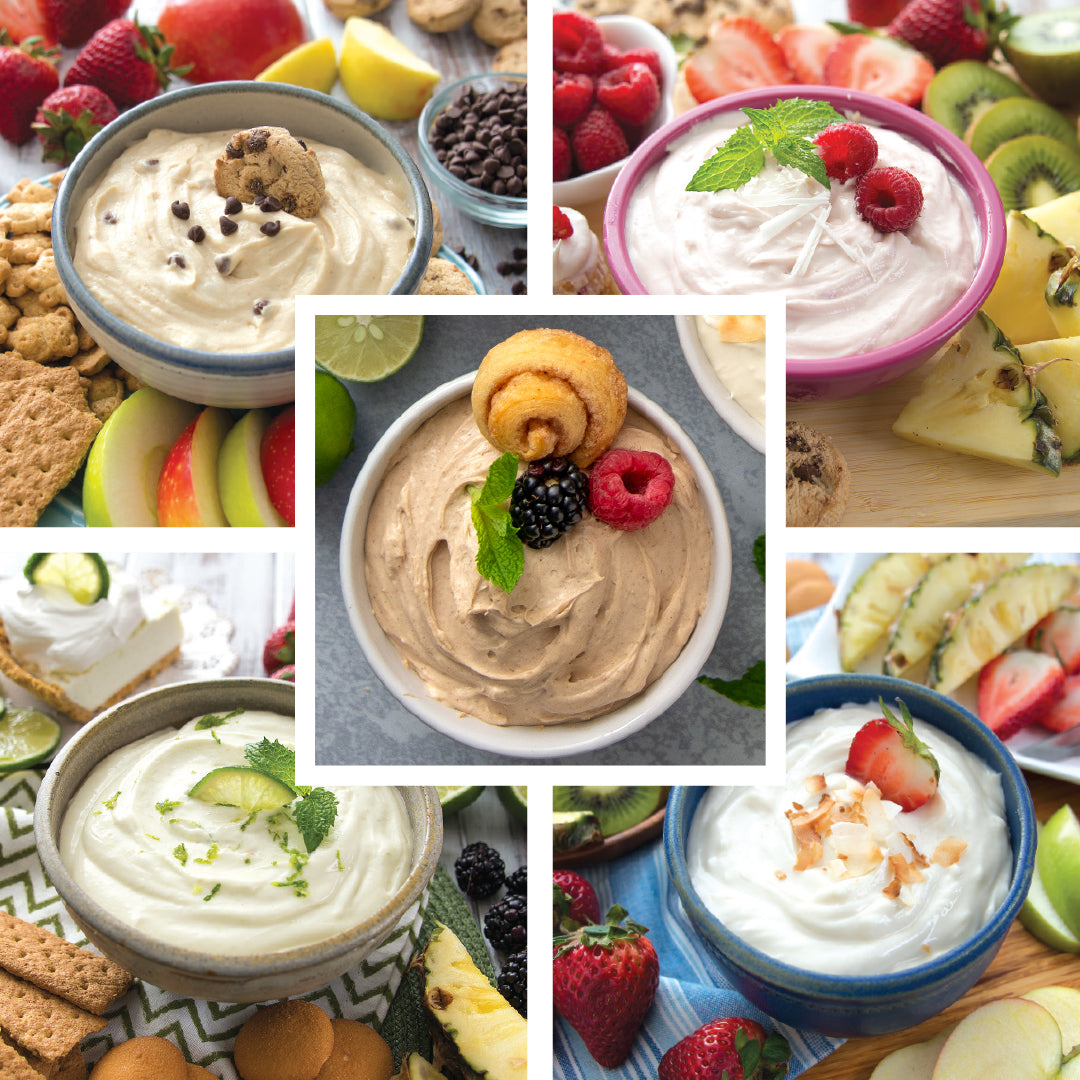 A collage of five pictures showing the Rada Quick Mix Sweet Dips with assorted fruits and graham crackers. 