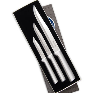 Three silver handle knives with Rada Cutlery 75th logo in gift box on white background. 