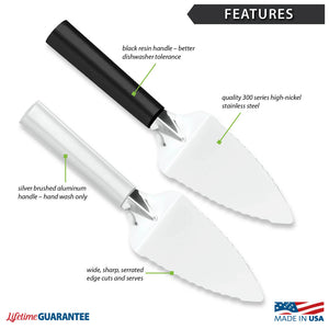 Features diagram for Serrated Pie Servers with Made in USA and Lifetime Guarantee logos. 