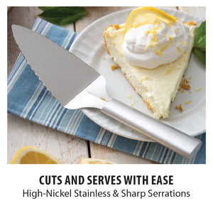 Cuts and serves with ease. High-nickel stainless and sharp serrations. Pie Server on a plate with a slice of cheesecake.