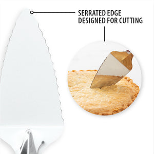 Close-up showing the serrated, toothed-edge of the Rada Pie Server. Serrated edge designed for cutting. 