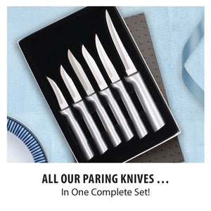 A lovely boxed gift set of six various sized paring knives with silver handles. All our paring knives in one complete set.