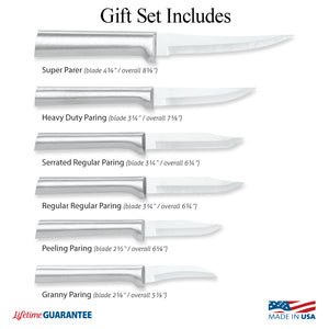 Illustration of All Star Paring Gift Set knives with Made in USA and Lifetime Guarantee logos 