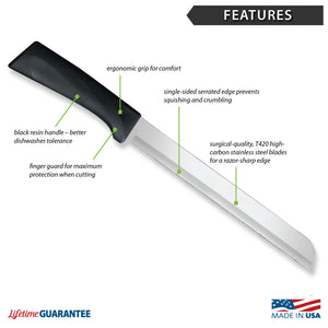 Features diagram for Anthem Wave 8" Bread knife with Made in USA and Lifetime Guarantee logos. 