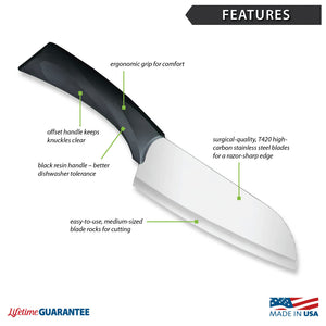 Features diagram for Anthem Wave Cook's Knife with Made in USA and Lifetime Guarantee logos