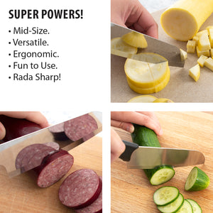 Cook's knife slicing squash, sausage and a cucumber. Super Powers! Mid-size, versatile, ergonomic, fun to use, Rada sharp!