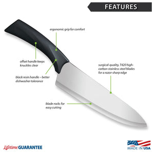 Features diagram for Anthem Wave French Chef Knife with Made in USA and Lifetime Guarantee logos. 
