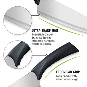 Ultra-sharp edge, T420 high-carbon stainless steel for increased hardness. Ergonomic grip. Long handle with wave design.