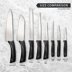 Rada Cutlery Anthem Wave Knife handle knives laid side by side for size comparison. 