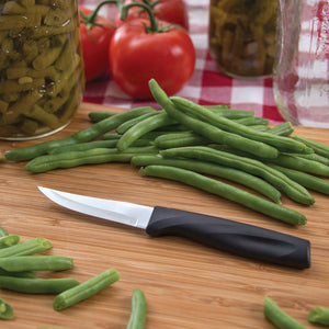 Heavy Duty Paring Knife with Anthem Wave black handle beside green beans ready for canning