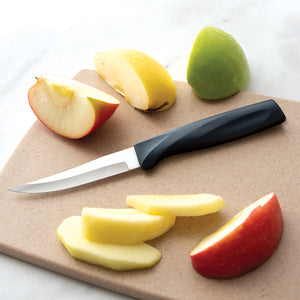 Heavy Duty paring knife on cutting board with slices of Golden Delicious, McIntosh and Granny Smith apples.