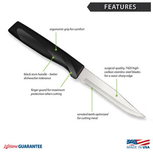 Features diagram for Anthem Wave Serrated Steak knife with Made in USA and Lifetime Guarantee logos