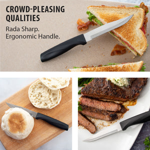 Serrated steak knife slicing BLT sandwich, English muffin and brisket.Crowd-pleasing qualities. Rada sharp. Ergonomic handle.
