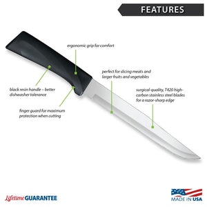 Features diagram for non-serrated Anthem Wave Slicer with Made in USA and Lifetime Guarantee logos.