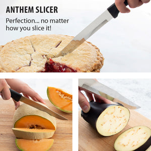 Black handle slicer cutting a cherry pie, a cantaloupe and eggplant. Anthem slicer, perfection no matter how you slice it!