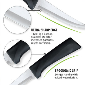 High-carbon stainless steel for increased hardness, resists corrosion. Ergonomic grip, longer handle with raised wave design.